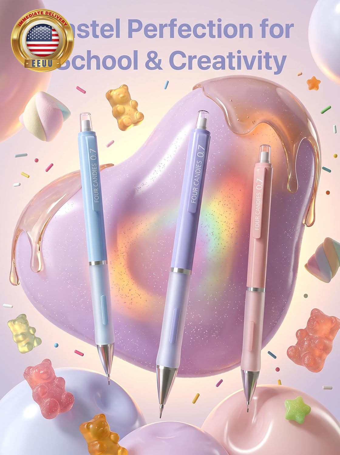 3PCS Cute Mechanical Pencils Set, 0.9Mm with 360PCS Thick Leads, Pastel Erasers