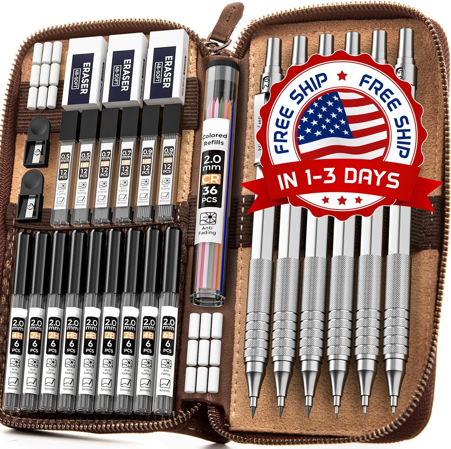 Set 30 PCS Lapices Mecanicos Metalicos Con Estuche Minas Para Dibujo Y Escritura