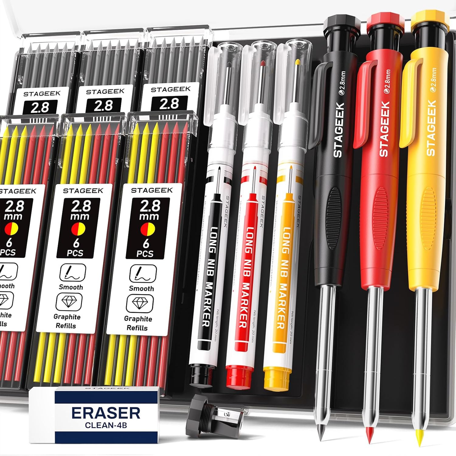 2.8Mm Carpenter Pencils with Sharpener, 3-Pack, Storage Case | 39 Refills, Deep
