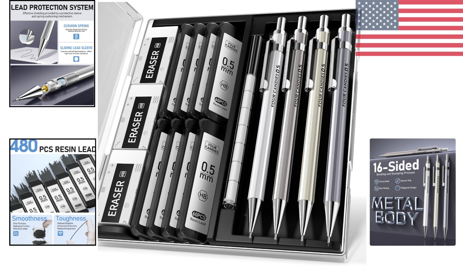 4-Piece Metal Mechanical Pencil Set, 0.5mm Fine Point – Perfect for School & Art