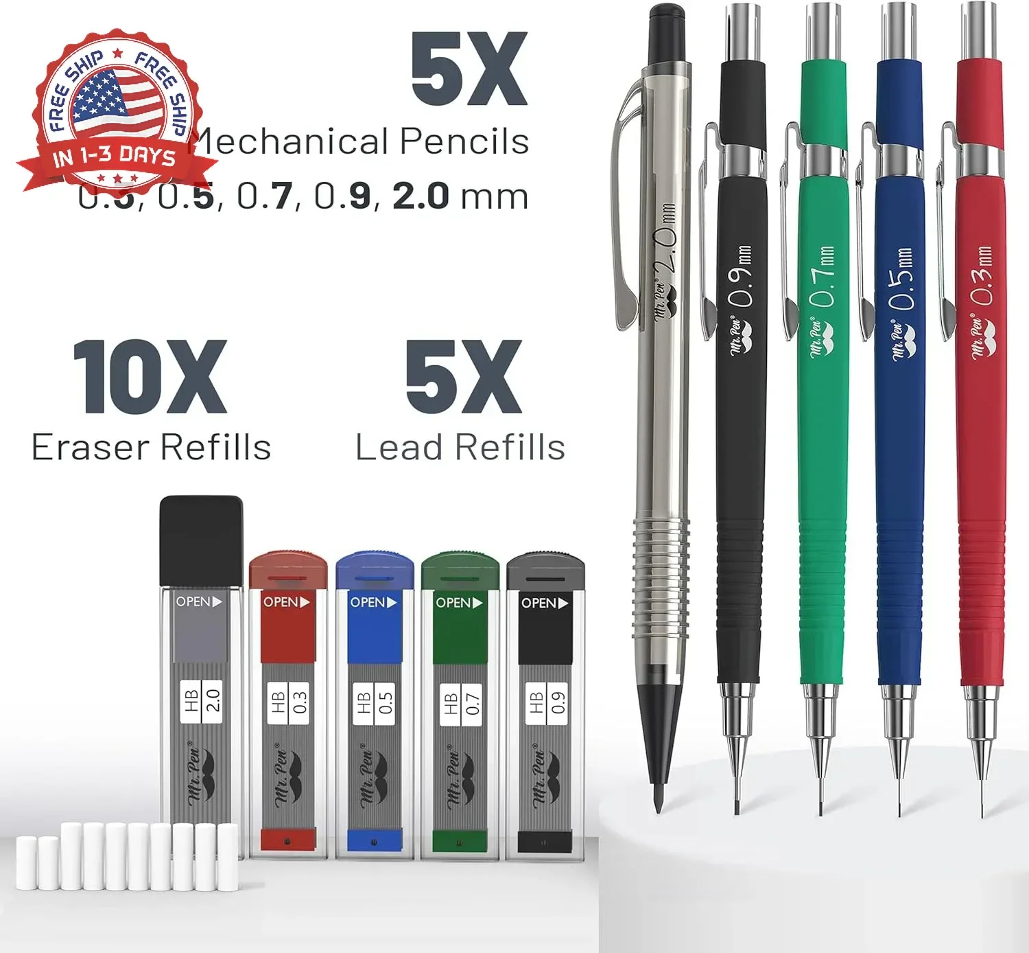 Mr. Pen- Art Mechanical Pencil Set, 5 Mechanical Pencils (0.3, 0.5, 0.7, 0.9, 2.