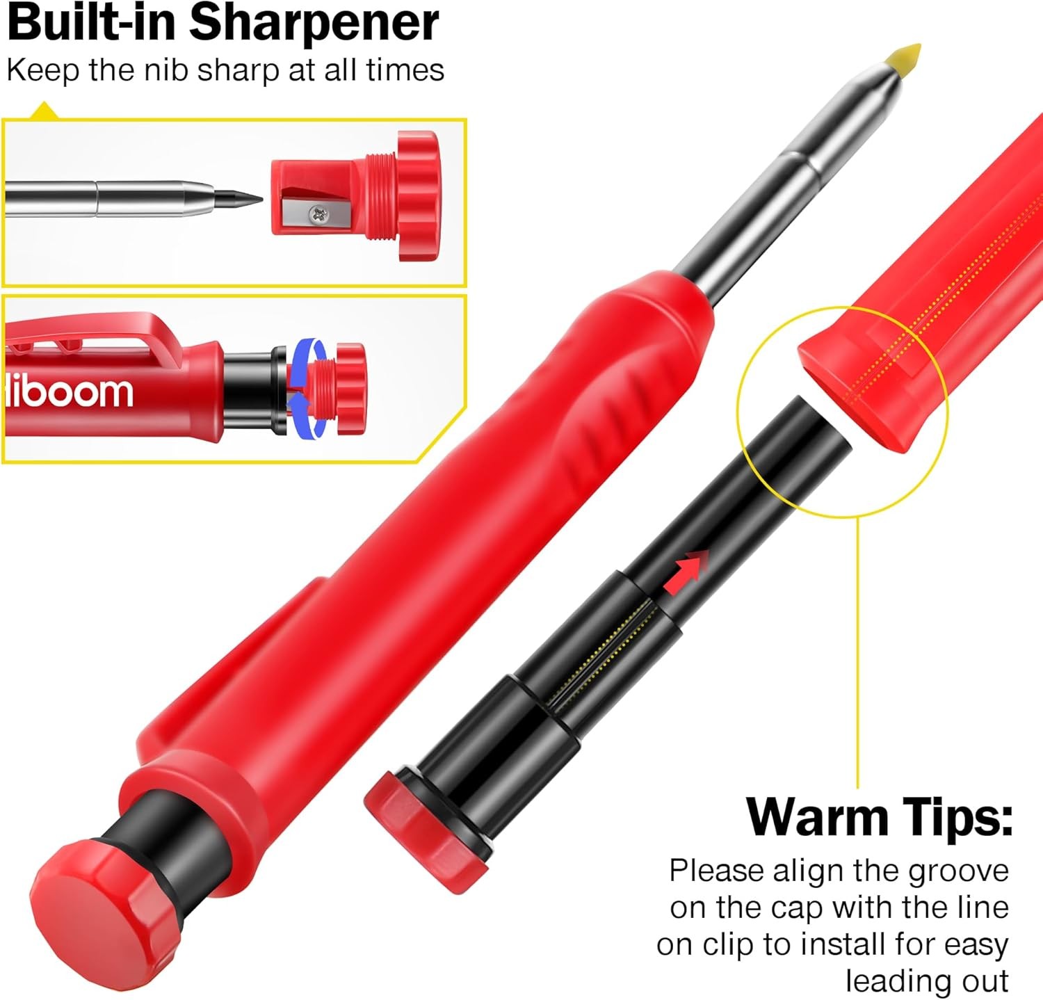 21 Piece Carpenter Pencil Set with Sharpener Caps Red Yellow Gray Refills