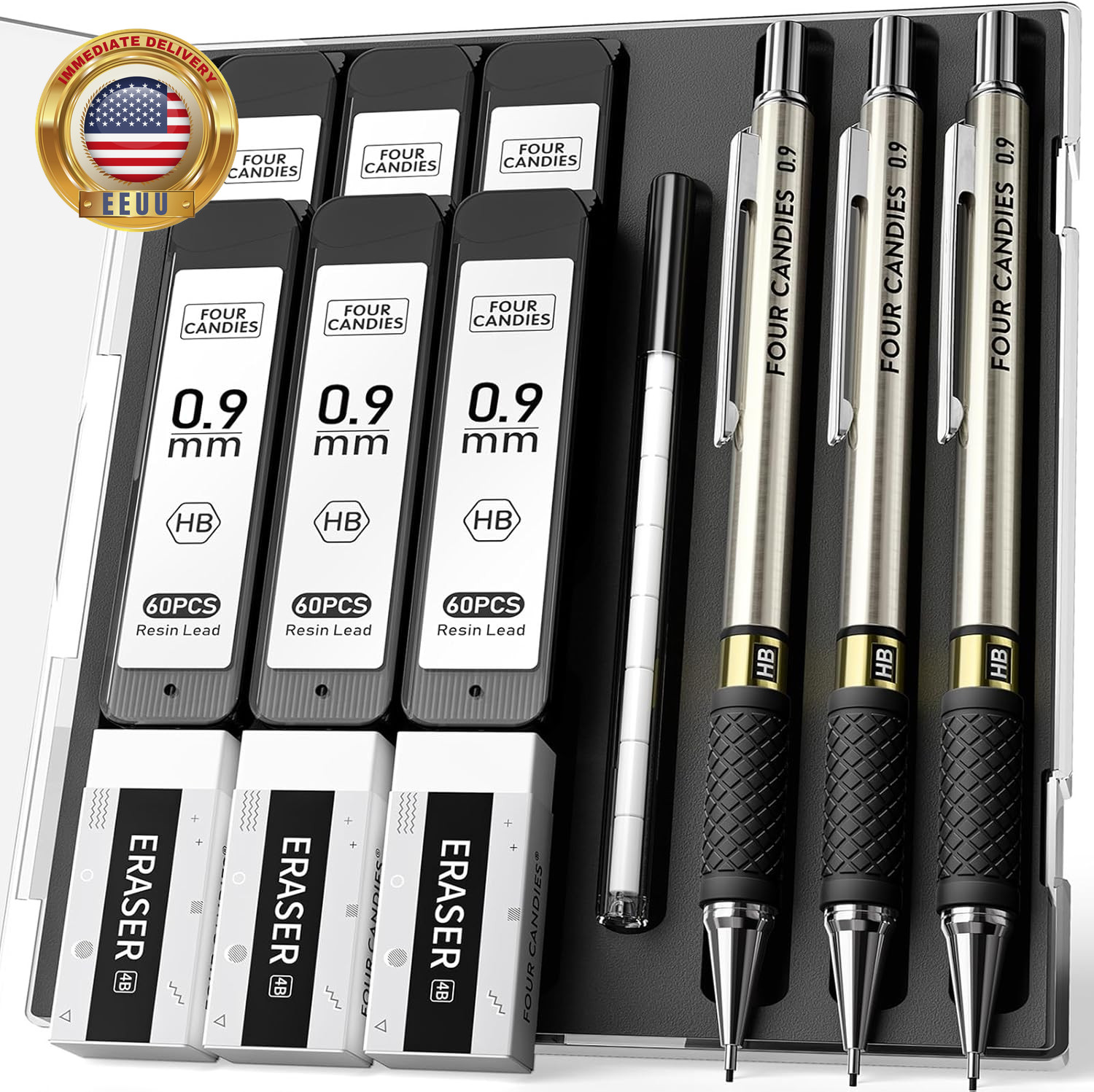3PCS Metal Mechanical Pencil Set with 0.9Mm Bold Point, 360 Leads, 12 Erasers, A