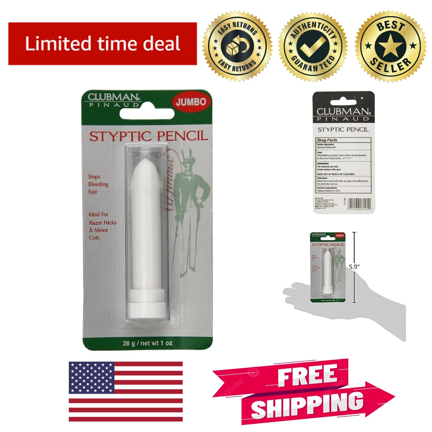 Fast-Acting Styptic Pencil – Jumbo 1 Oz for Instant Relief from Shaving Cuts