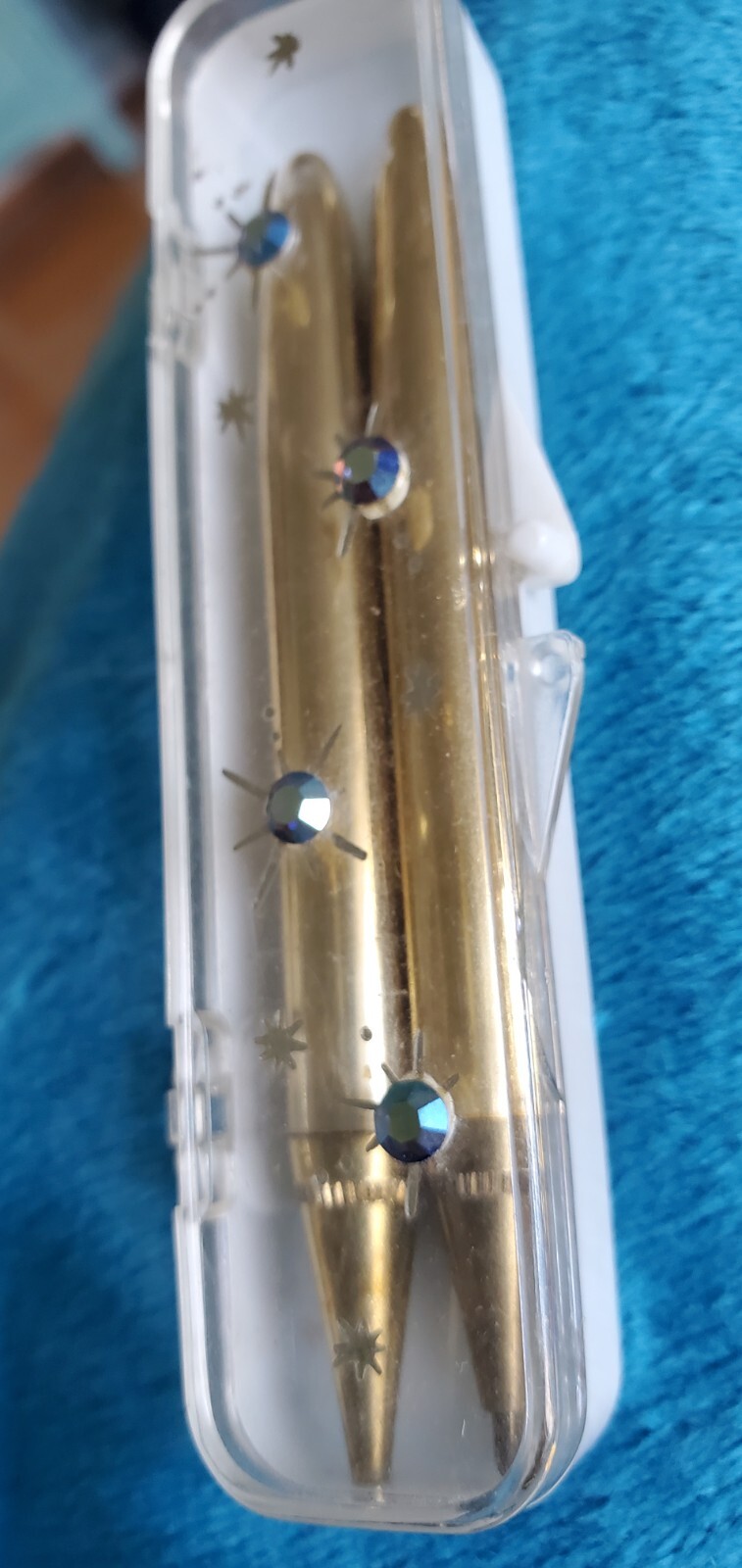 Vintage Goldtone Gold Pen Pencil Set with Blue Rhinestone Case Small 3″ MCM