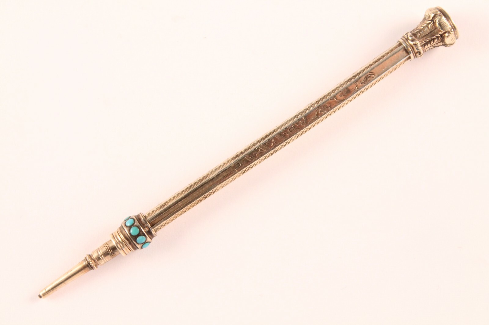 Victorian 9K Gold Ornate Retractable Pencil with Amethyst and Turquoise Stone