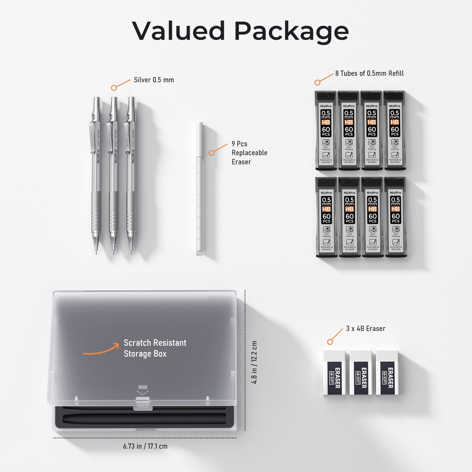 Nicpro 0.5mm 3PCS MP1000 Metal Pencils Case, 8 HB Refills, 12 Erasers