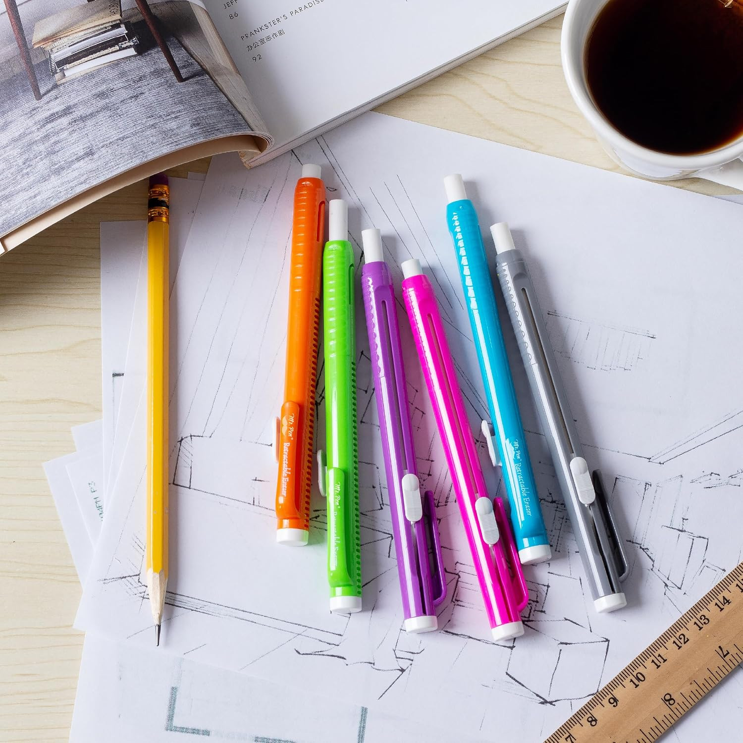 – Retractable Mechanical Eraser Pens, 6 Pack, Vibrant Colors, Latex-Free Precisi