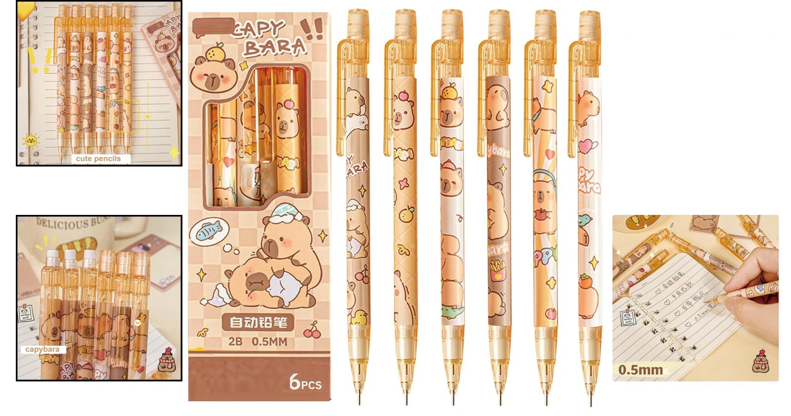 4 Pcs Cute Capybara Mechanical Pencils with Eraser 0.5mm for School & Office
