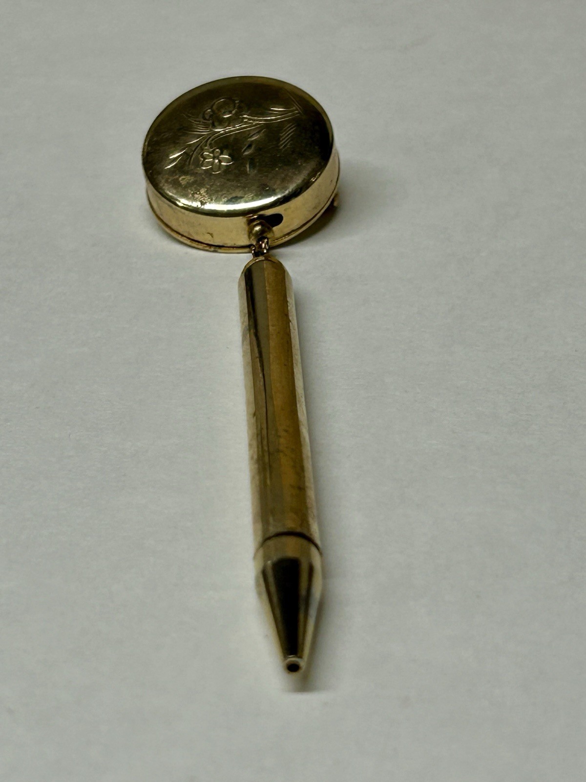 VTG Gold Tone Mechanical Retractable Chain Lead Pencil Pin Brooch Works