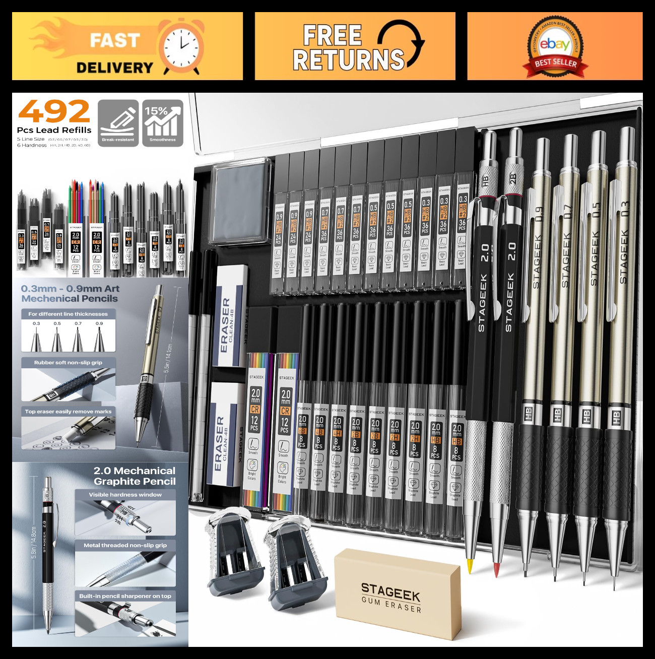 Mechanical Pencil Set 37 Count with Case, 0.3-0.9MM & 2PCS 2MM Sketch Pencils, 4