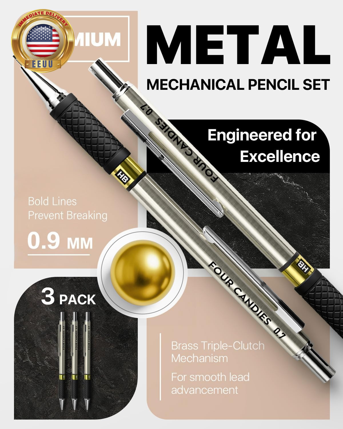 3PCS Metal Mechanical Pencil Set with 0.9Mm Bold Point, 360 Leads, 12 Erasers, A