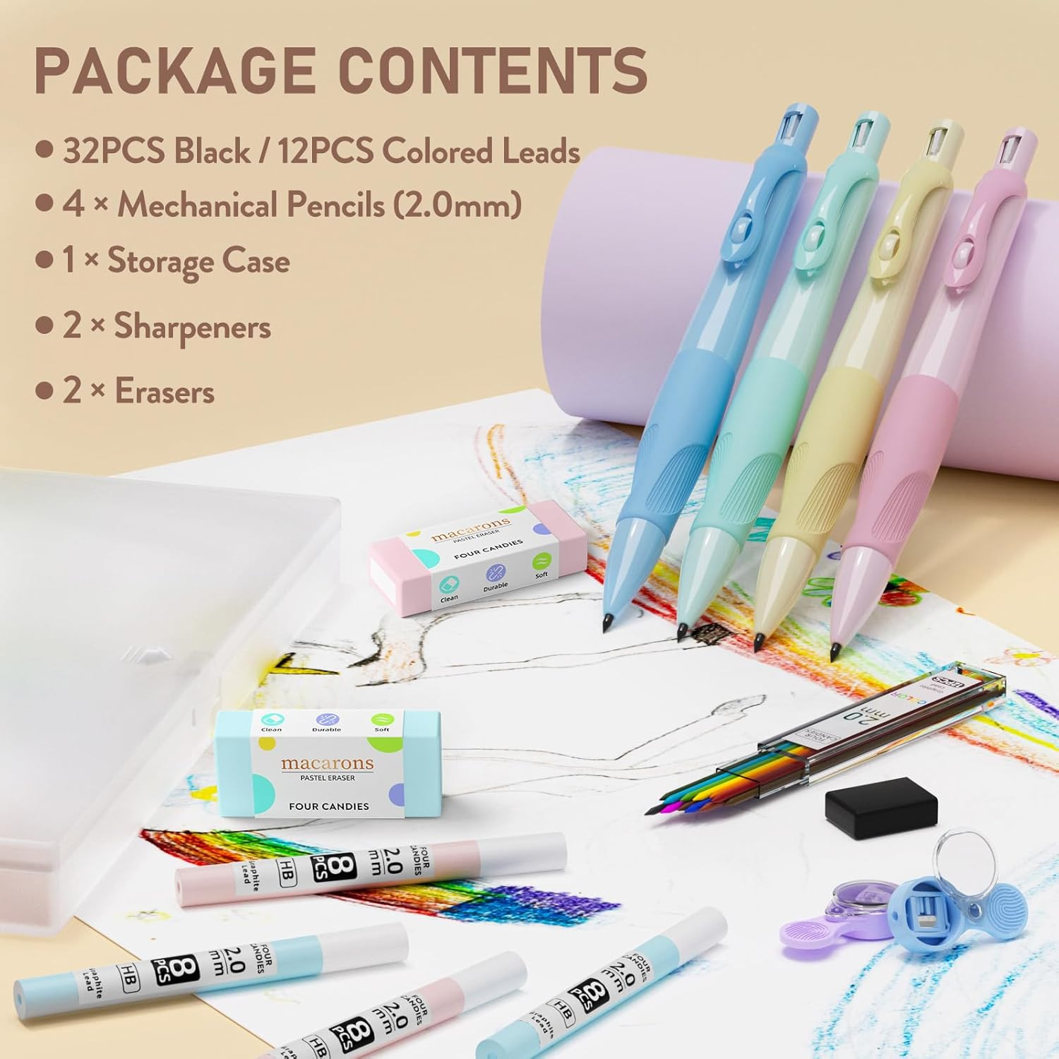 Cute 4-Pack 2.0MM Mechanical Pencils with Lead Refills, Erasers & Sharpeners