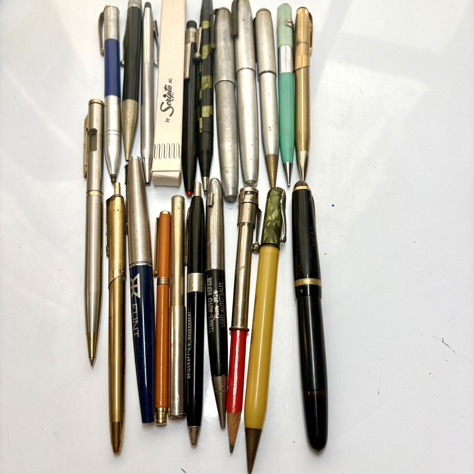 Vtg Mechanical Pencil & Pen Lot Of 20 pcs Scripto Advertising Silver King Kohl