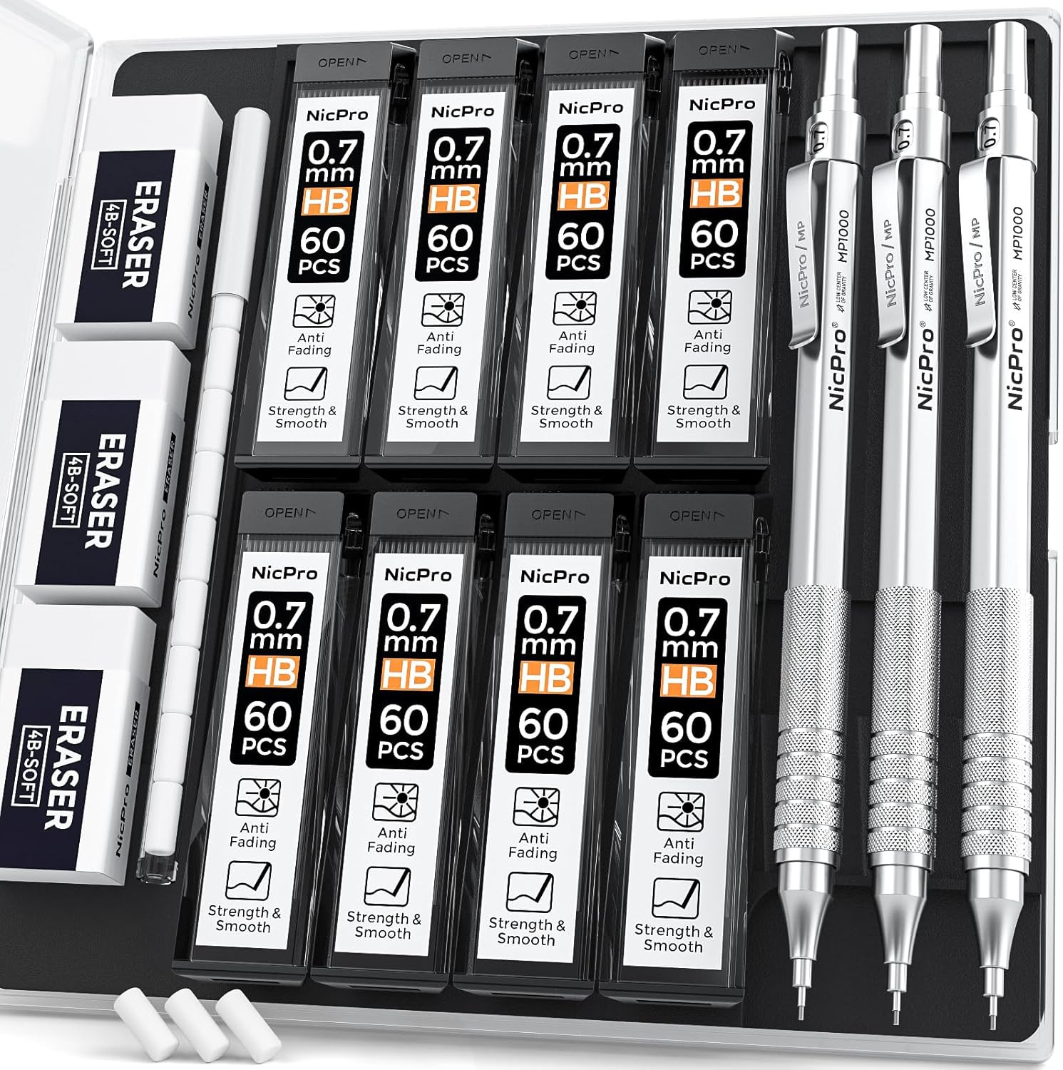 0.7 Metal Mechanical Pencil Set with Case, 3PCS MP1000 0.7Mm Artist Lead Pencil