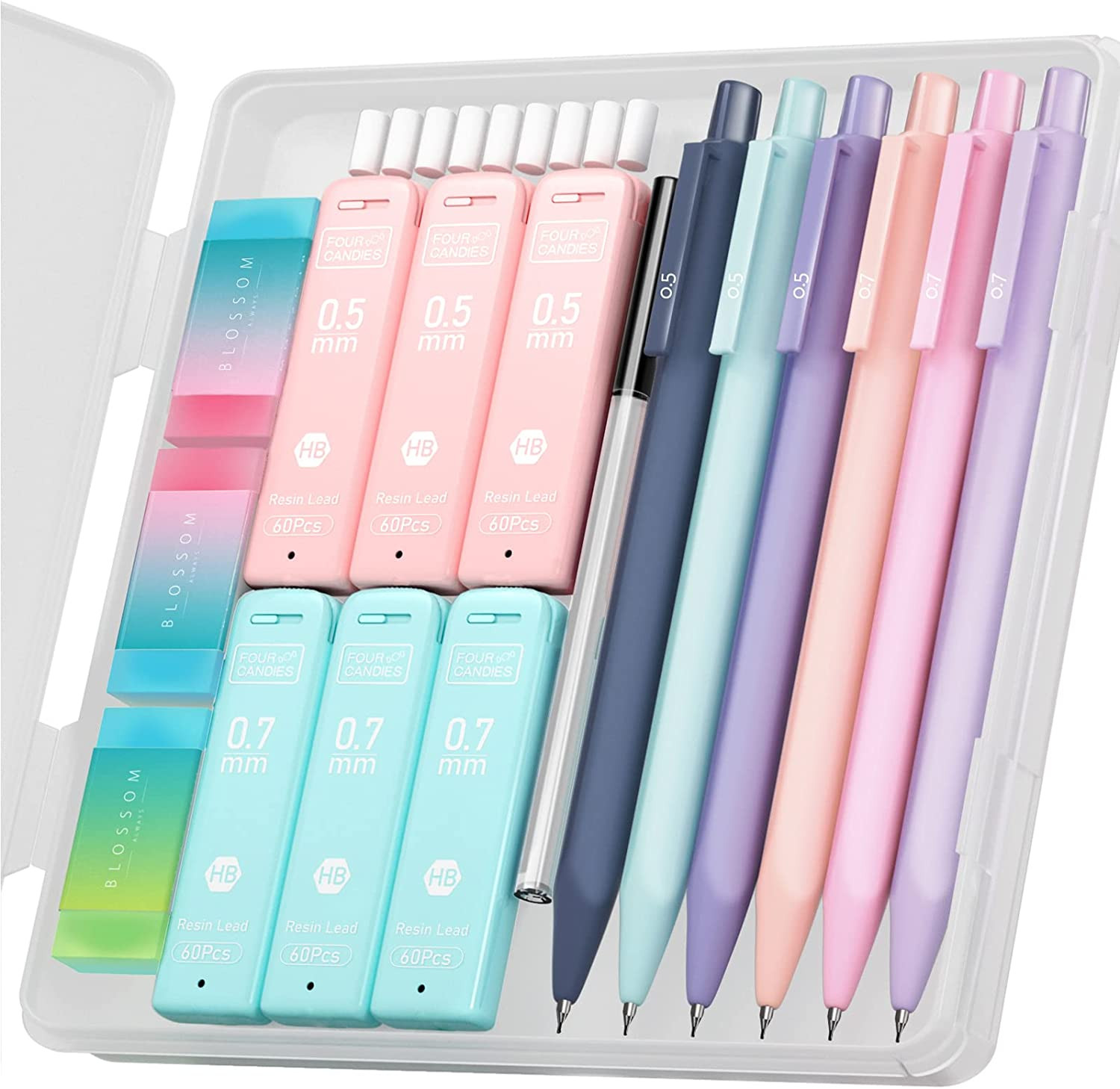 Cute Pastel Mechanical Pencil Set 6Pc 0.5 & 0.7mm w/HB Leads Erasers School Supp