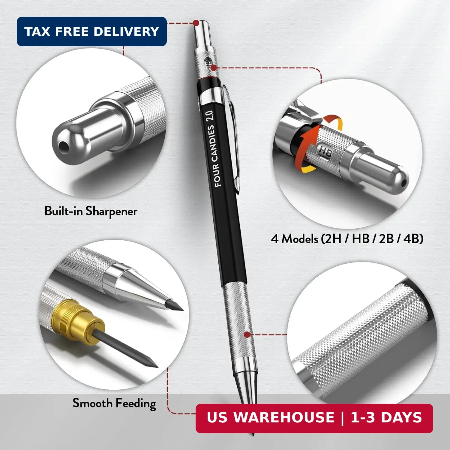 Four Candies 2MM Mechanical Pencil Set with case, Artist Led Pencil Metal Lead H