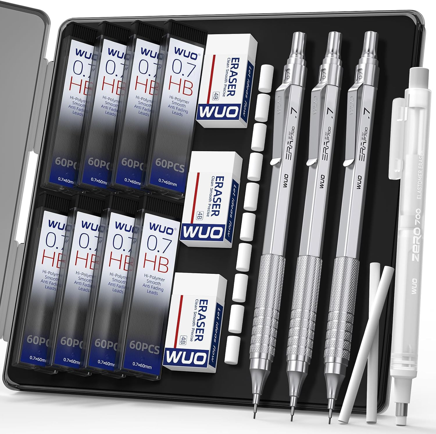 Mechanical Pencils 0.7Mm, 3 Silver Metal Drafting Pencils with 480 HB Lead Refil