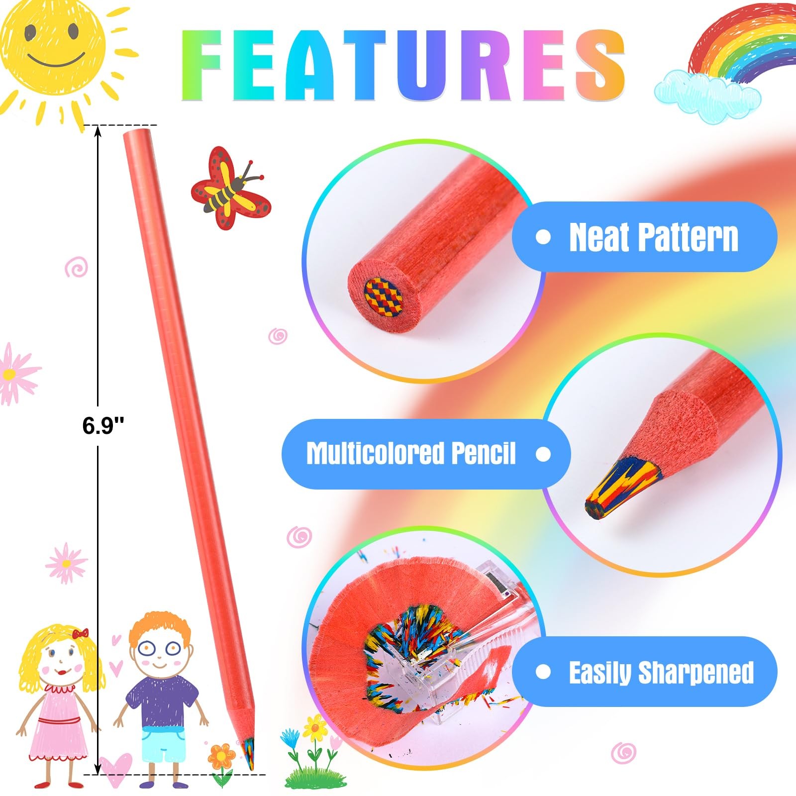 TINNIVI 12 Colors Rainbow Pencils for Kids, 12 Pieces Colored Red
