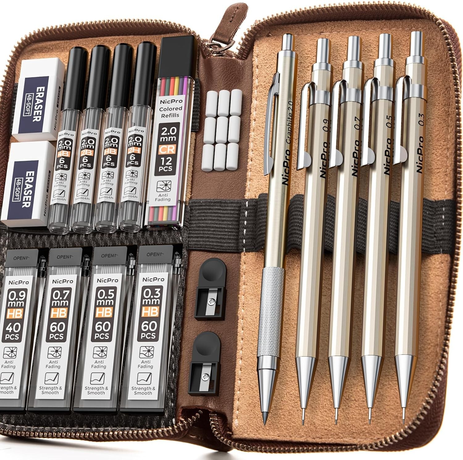 All-Inclusive 20PCS Mechanical Pencils with Leather Storage for Artists