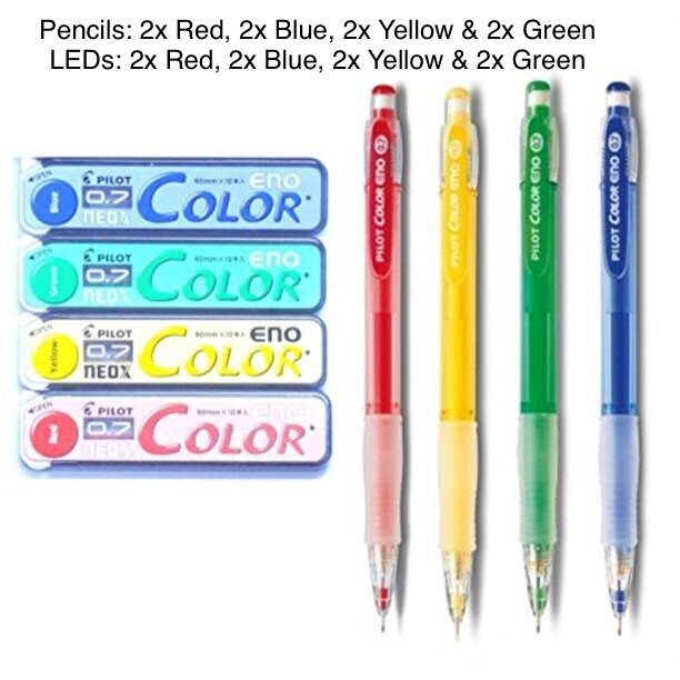 Pilot Color Eno Neox 8pcs Mechanical Pencils & Led Green Blue Red Yellow 0.7 New