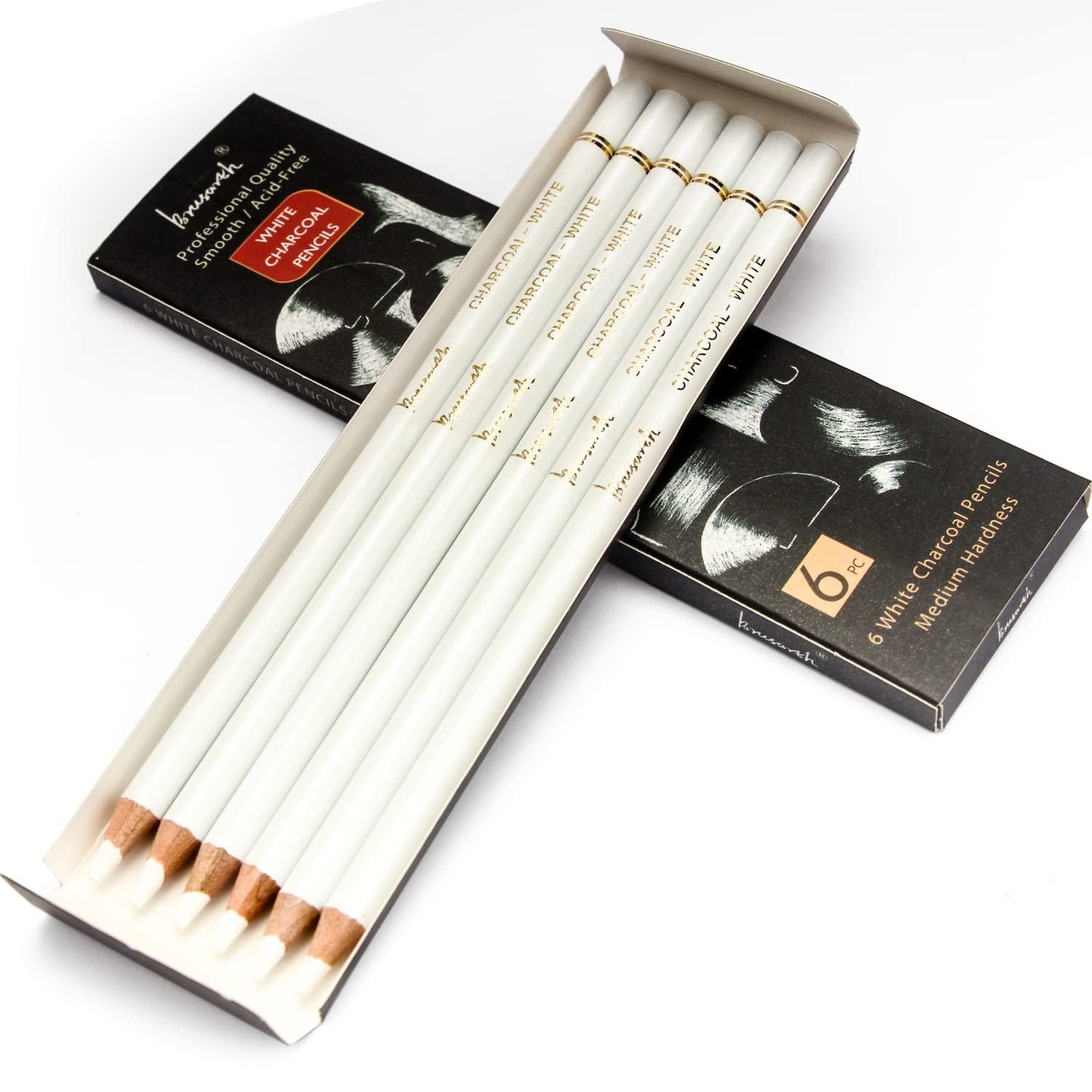 Brusarth White Charcoal Pencils Drawing Set, Professional 6-Piece