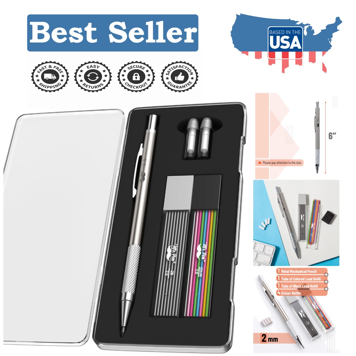 Ergonomic 2.0mm Mechanical Pencil with Lead Refills & Spare Erasers for Drawing