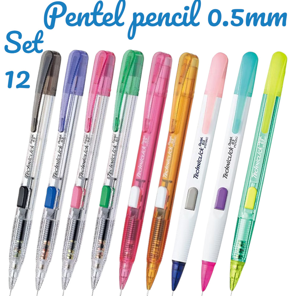 Pentel Techniclick 0.5 mm Mechanical Pencil Side Click Mixed Colors Set of 12