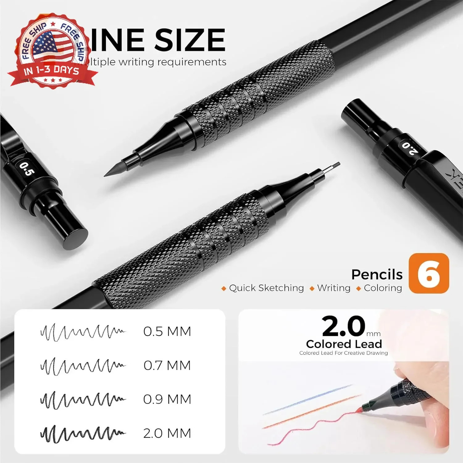 STAGEEK 35PCS Black Art Mechanical Pencil Set in Case，0.5 0.7 0.9 2.0 Graphite M