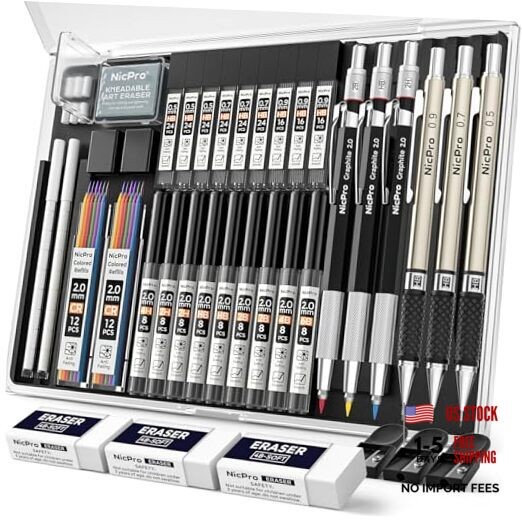 35PCS Art Mechanical Pencil Set, 3 PCS Metal Drafting Black 0.5 0.7 0.9 2.0
