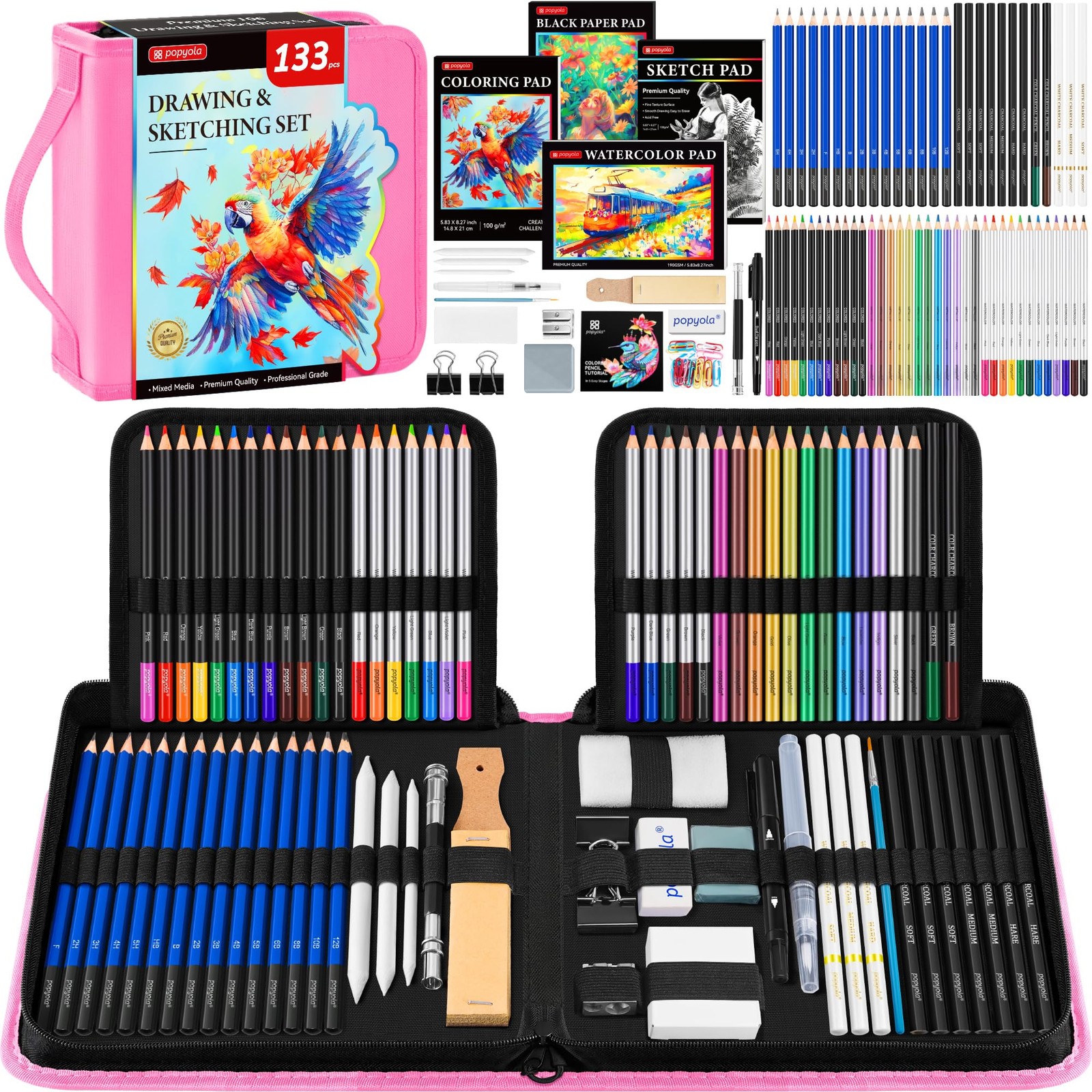 133 Pack Art Supplies Sketching Kit with Sketch Book, Coloring 133 Pack, Pink