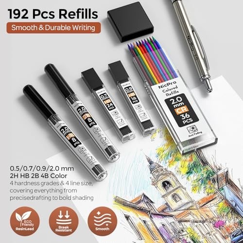 Art Mechanical Pencil Set 0.5 0.7 0.9 2mm Metal Drafting Sketching Drawing with
