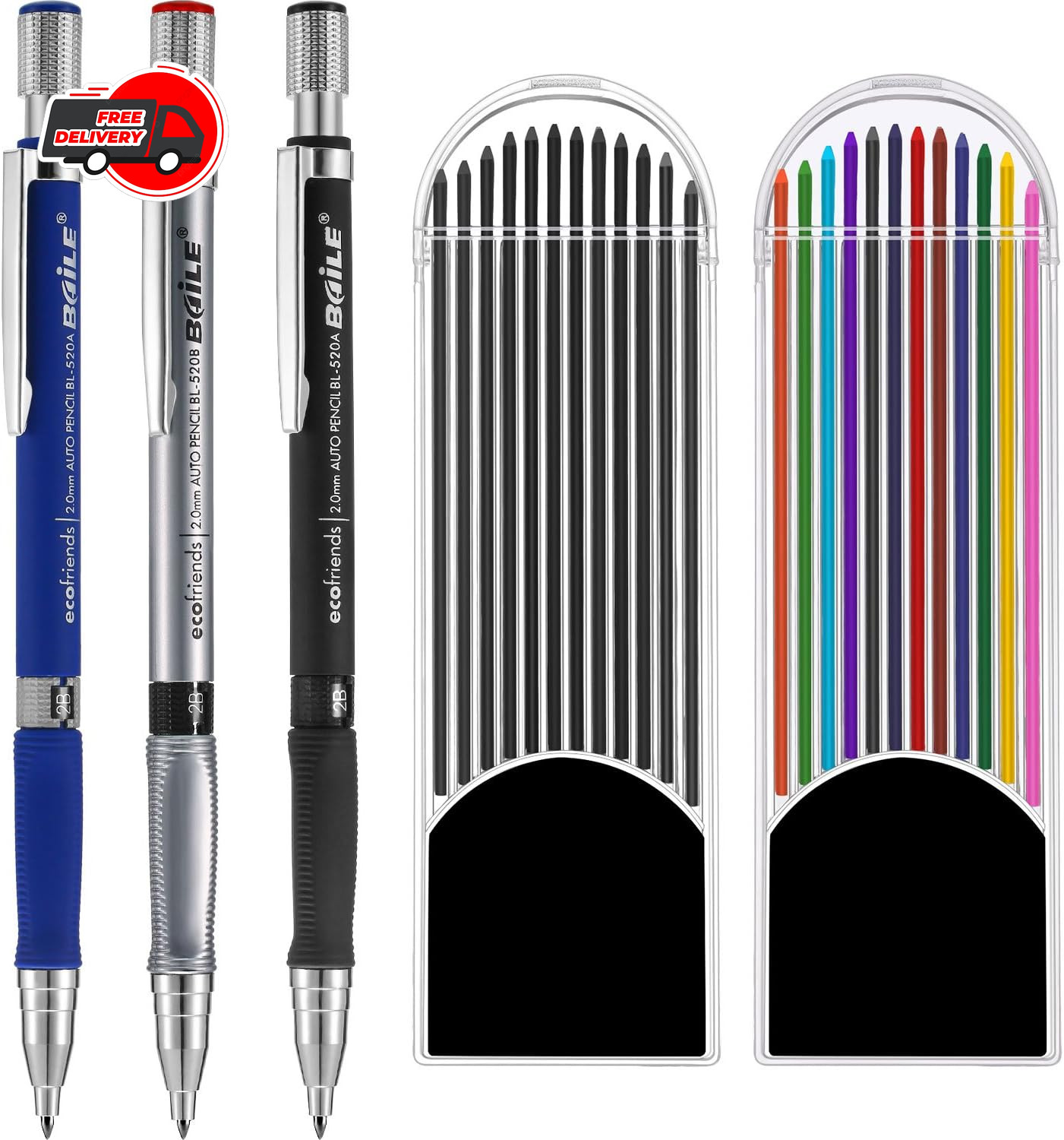 Jovitec 3 Pieces 2.0 Mm Mechanical Pencil With 2 Cases Refills, Color