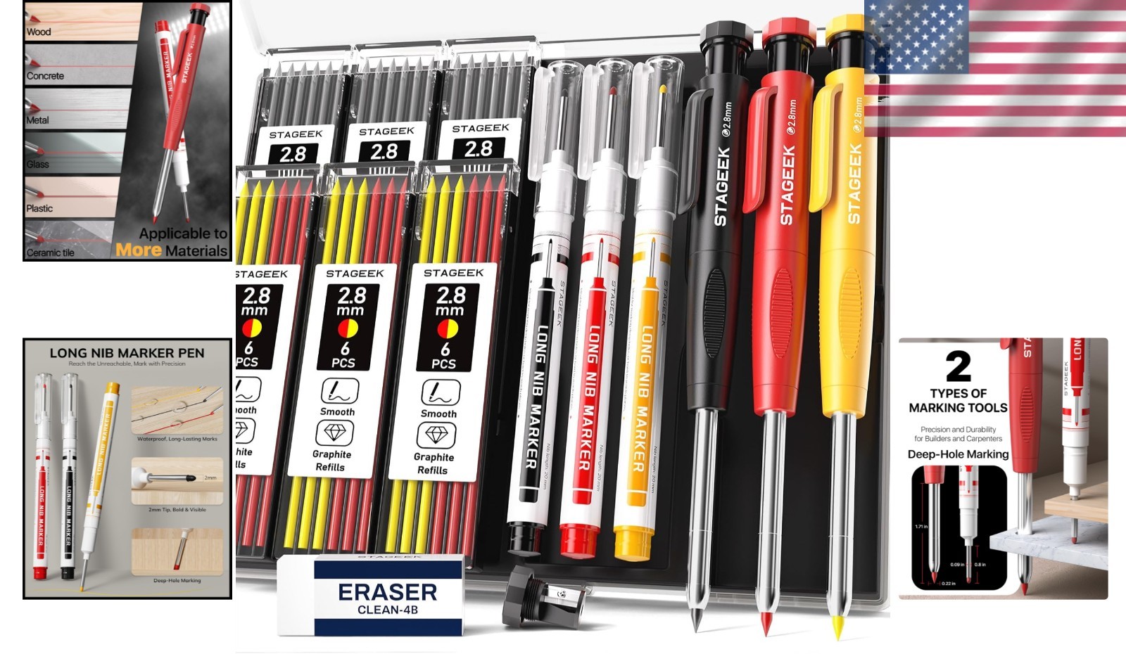 Carpenter Pencil Mechanical Deep Hole Marker Set w/Sharpener 39 Refill 3Pcs Case