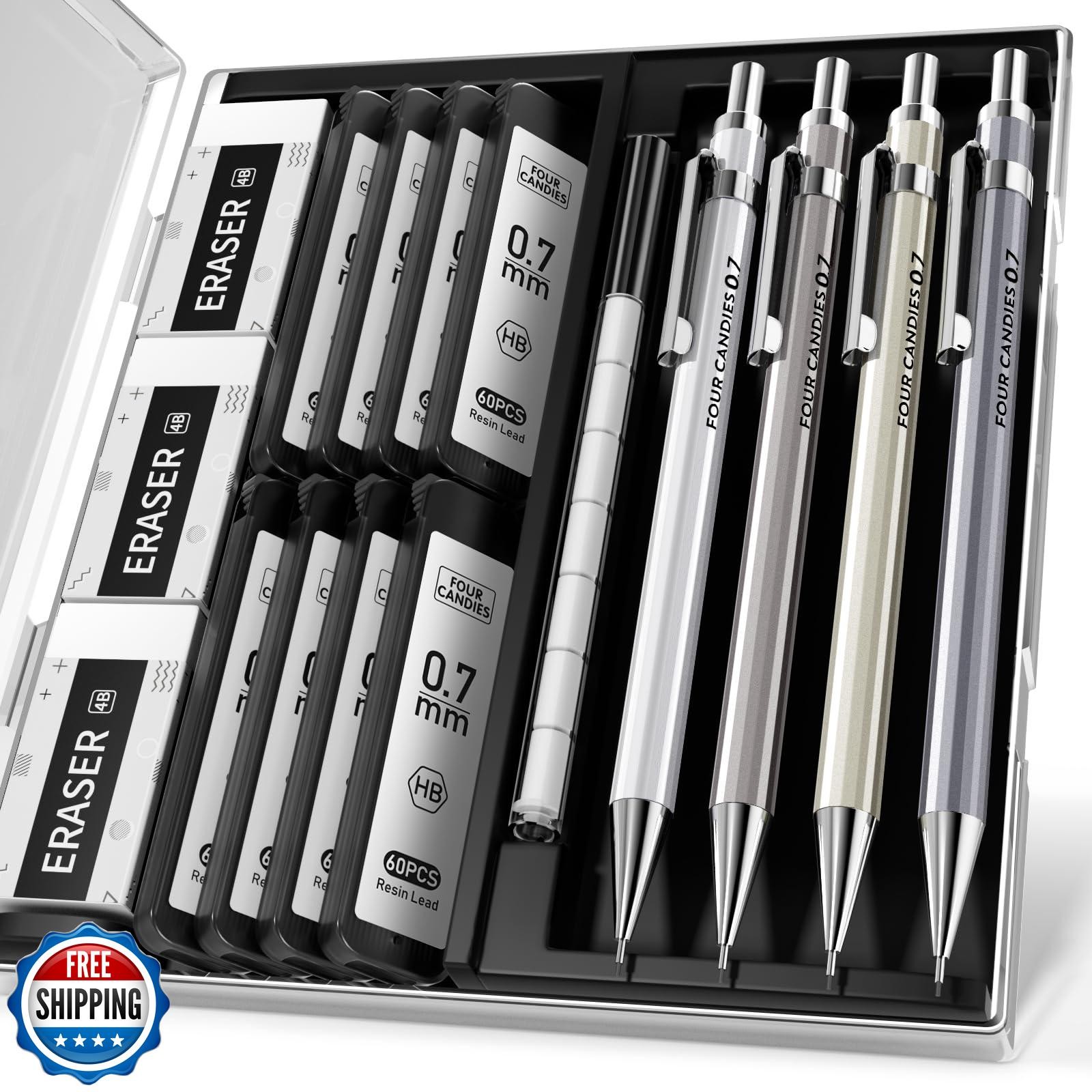 Four Candies 0.7mm Mechanical Pencil Set with Case – 4PCS Metal Mechanical Pe