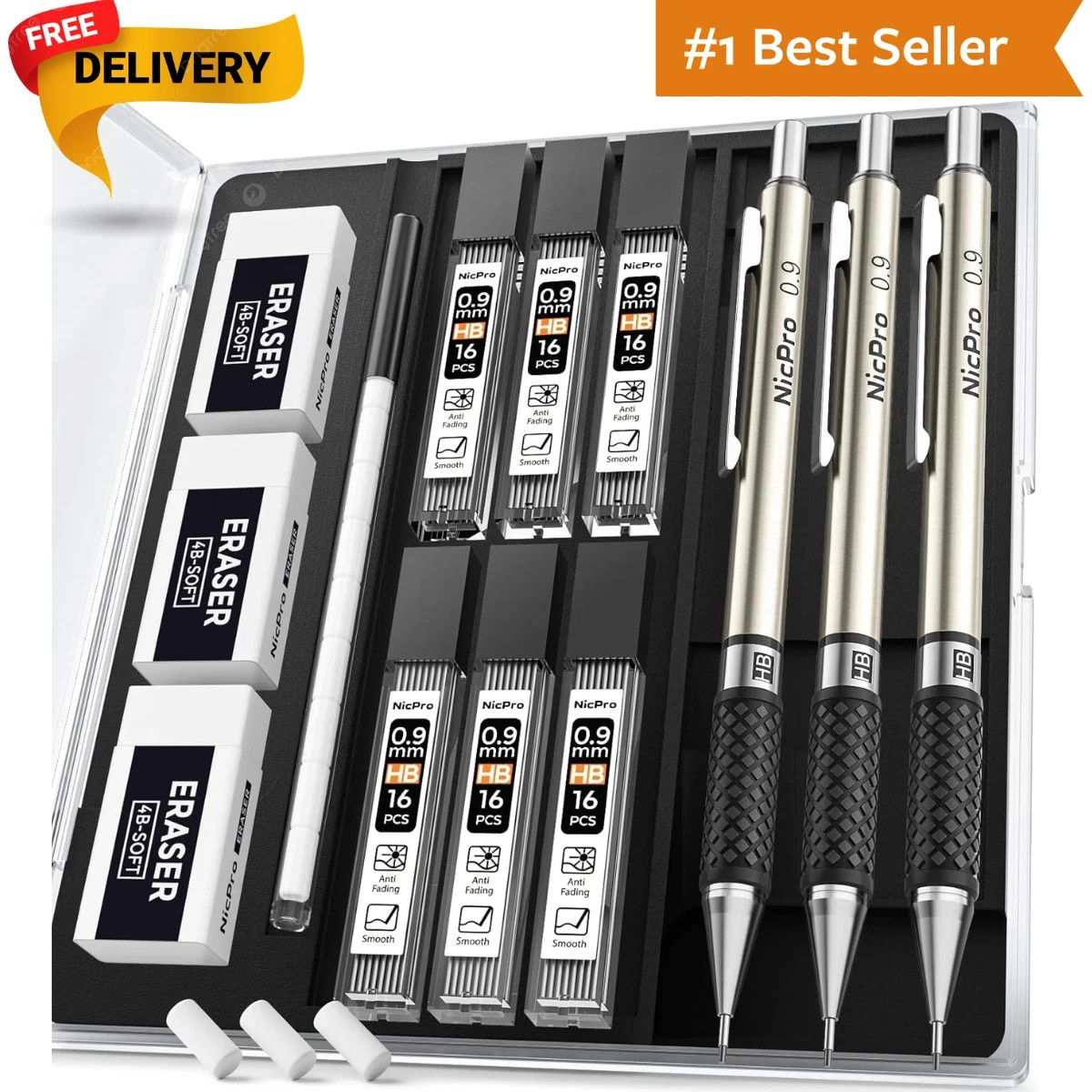 0.9 Mm Mechanical Pencil Set with Case, 3PCS Metal Mechanical Pencils with 6 Tub