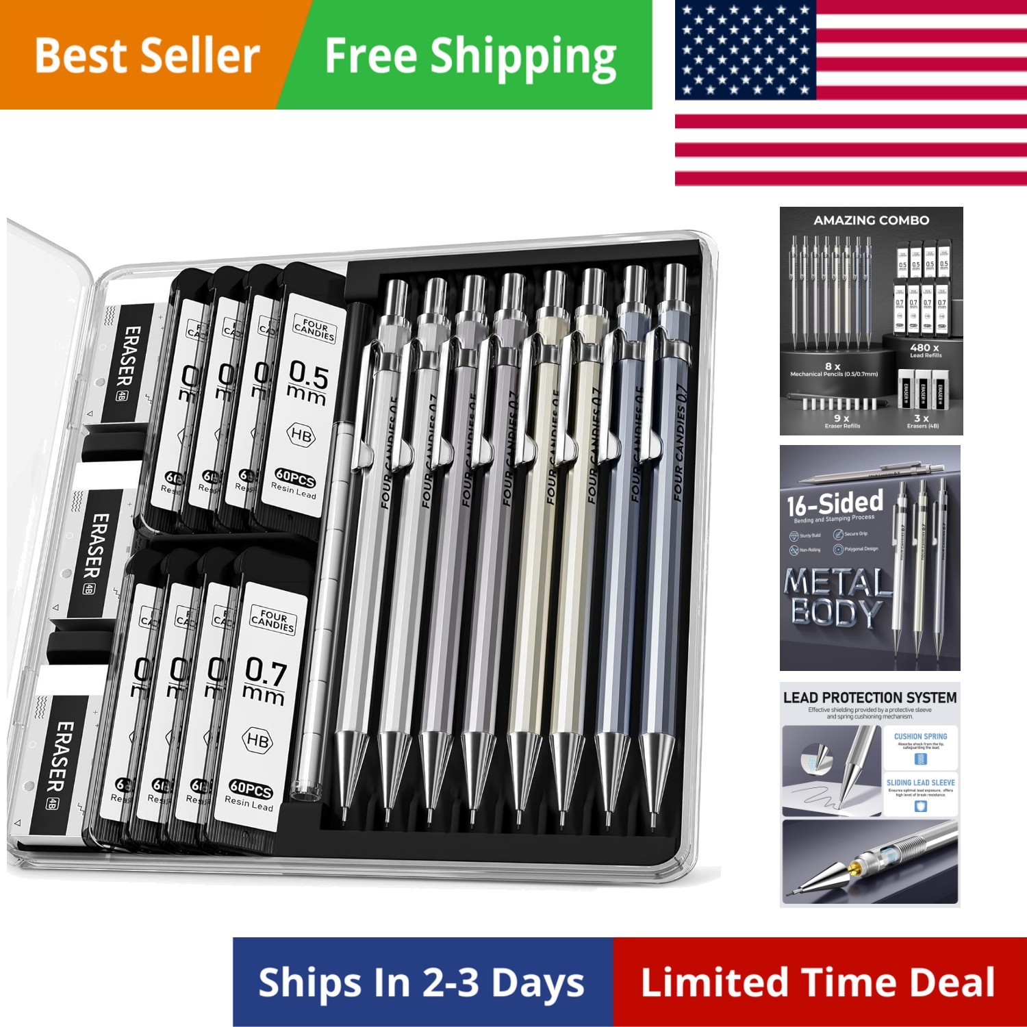 8PCS Metal Mechanical Pencils – 0.5 & 0.7mm with 8 Tubes HB Lead Refills, Era…