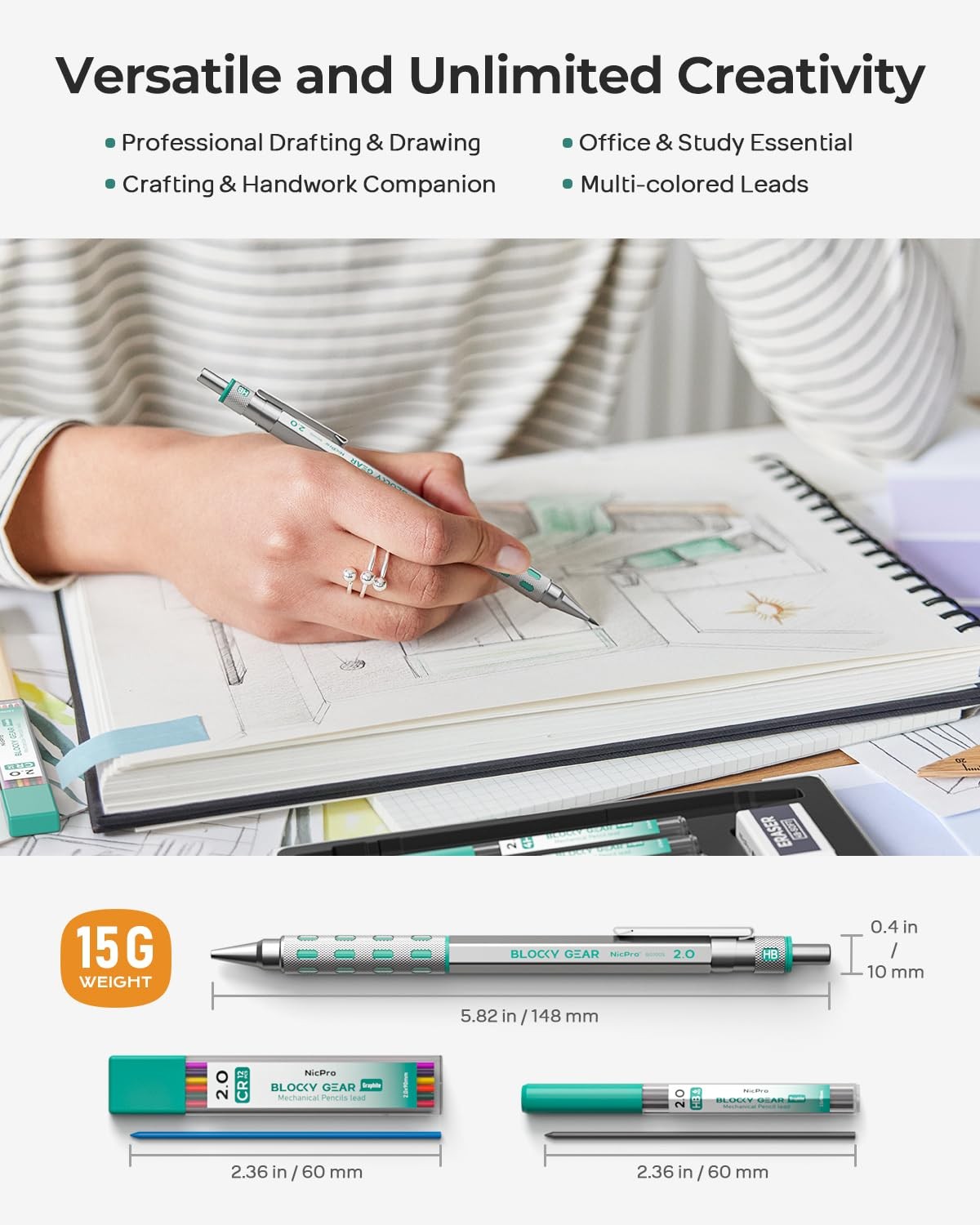 Nicpro Blocky Gear 2.0 mm Mechanical Pencils Set in Case, Metal mm, Black