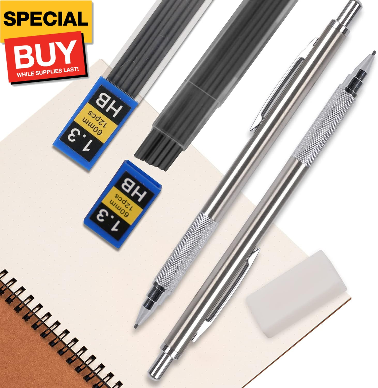 1.3 mm Mechanical Pencil Set with 4 Tubes Lead Refills,2 Eraser,1.3mm Mechanical