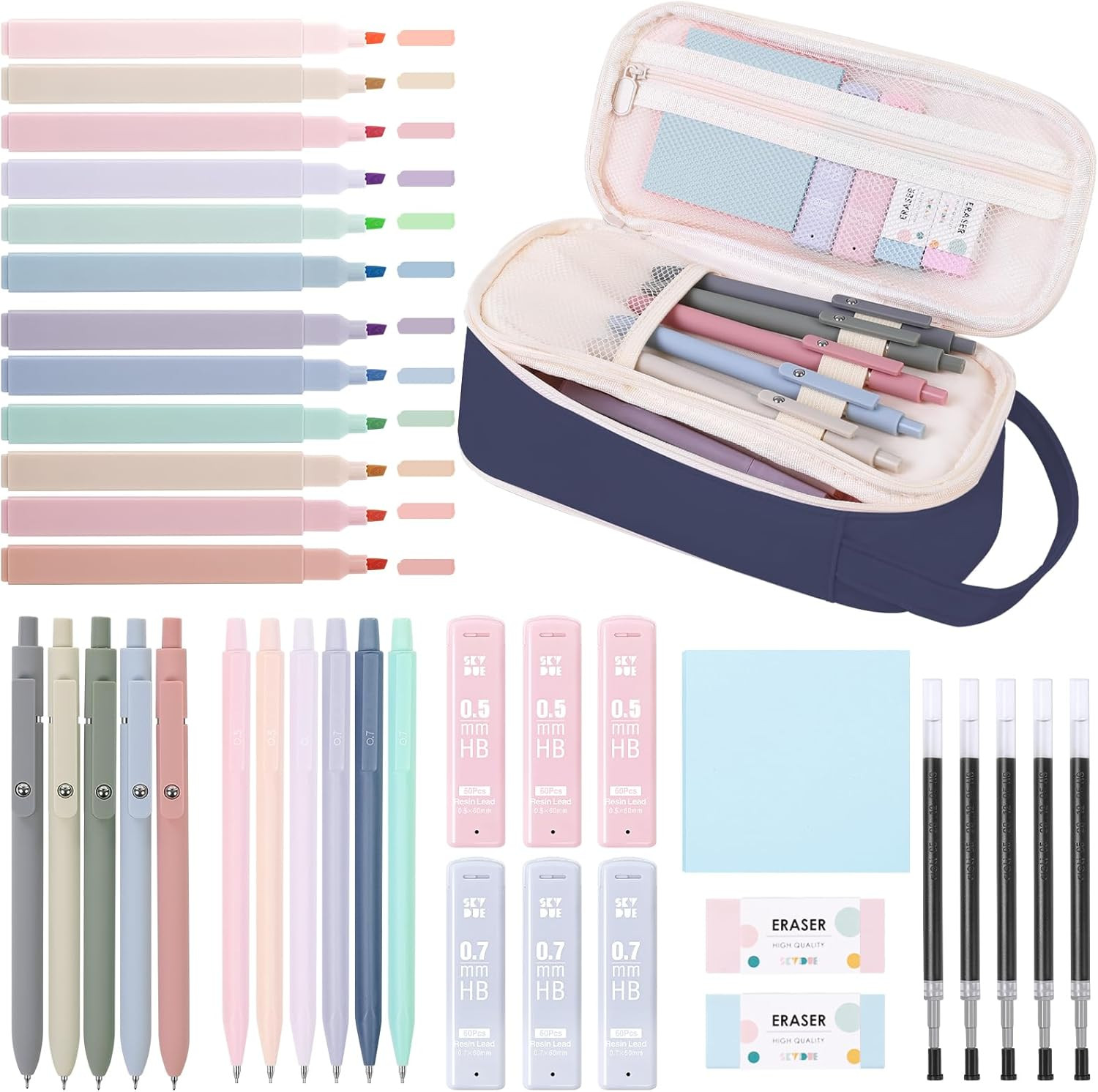 Cute School Supplies 38 PCS, Pencil Case with 12 Pastel Highlighters, 5 Black Ge