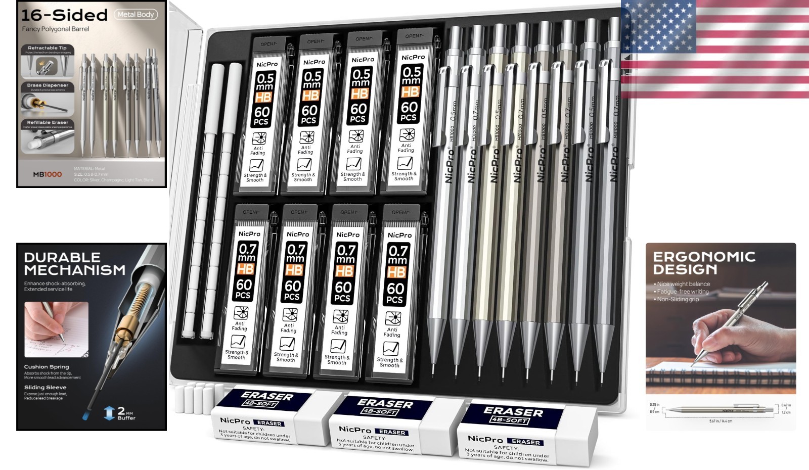 8 Pack Metal Mechanical Pencil Set – 0.5mm & 0.7mm for Artists & Professionals