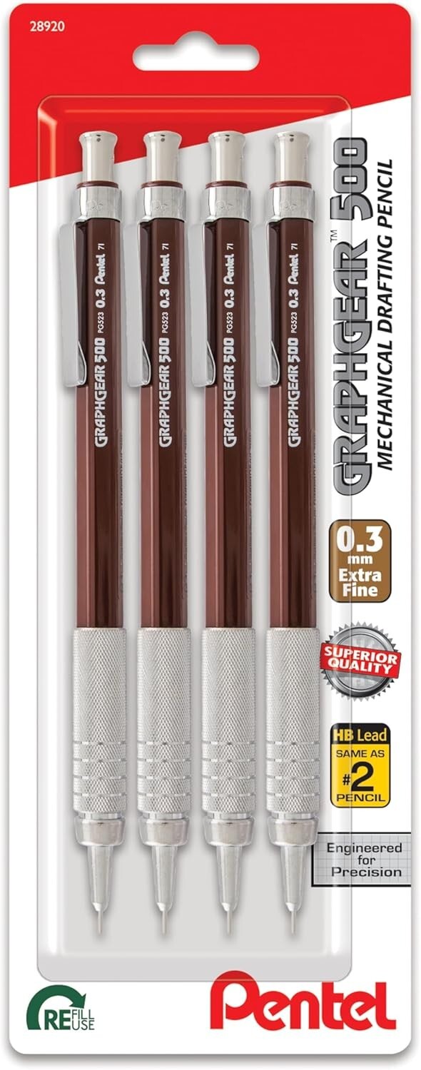Pentel GraphGear 500 Mechanical Drafting Pencil, 0.3mm, Brown Barrel, Pack of 4
