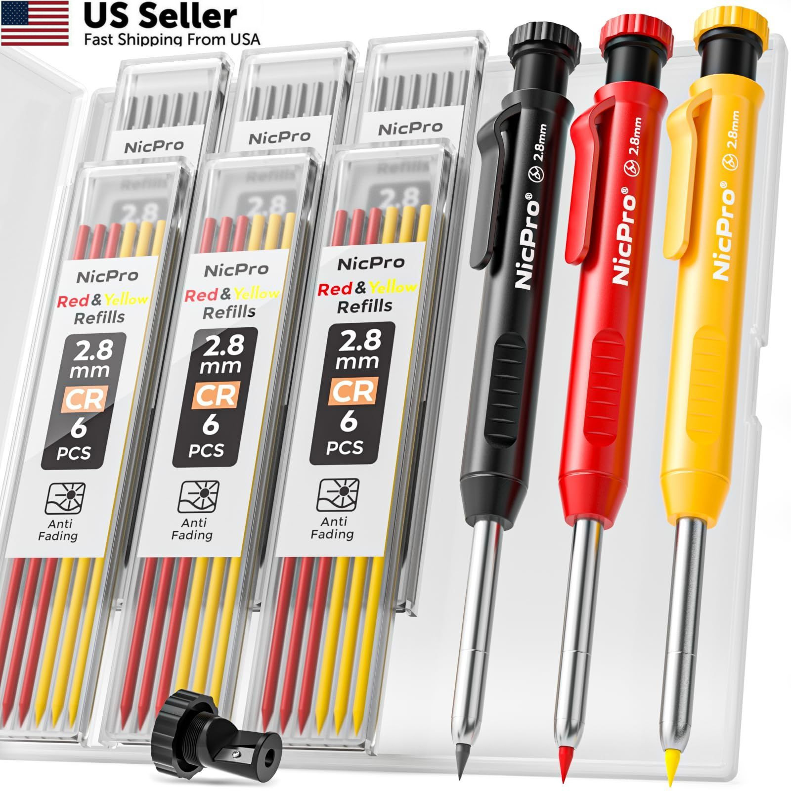 Nicpro 3 Pack Carpenter Pencil with Sharpener, 3 Pack, Black,Red,Yellow