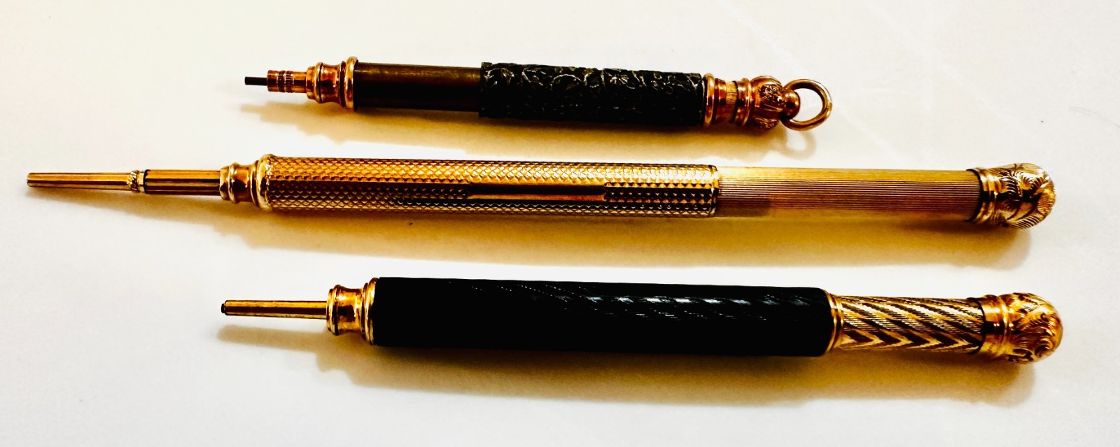 3 ANTIQUE VICTORIAN RETRACTABLE 2 MINI 9K GOLD & ONE GOLD FILL MACHANICAL PENCIL