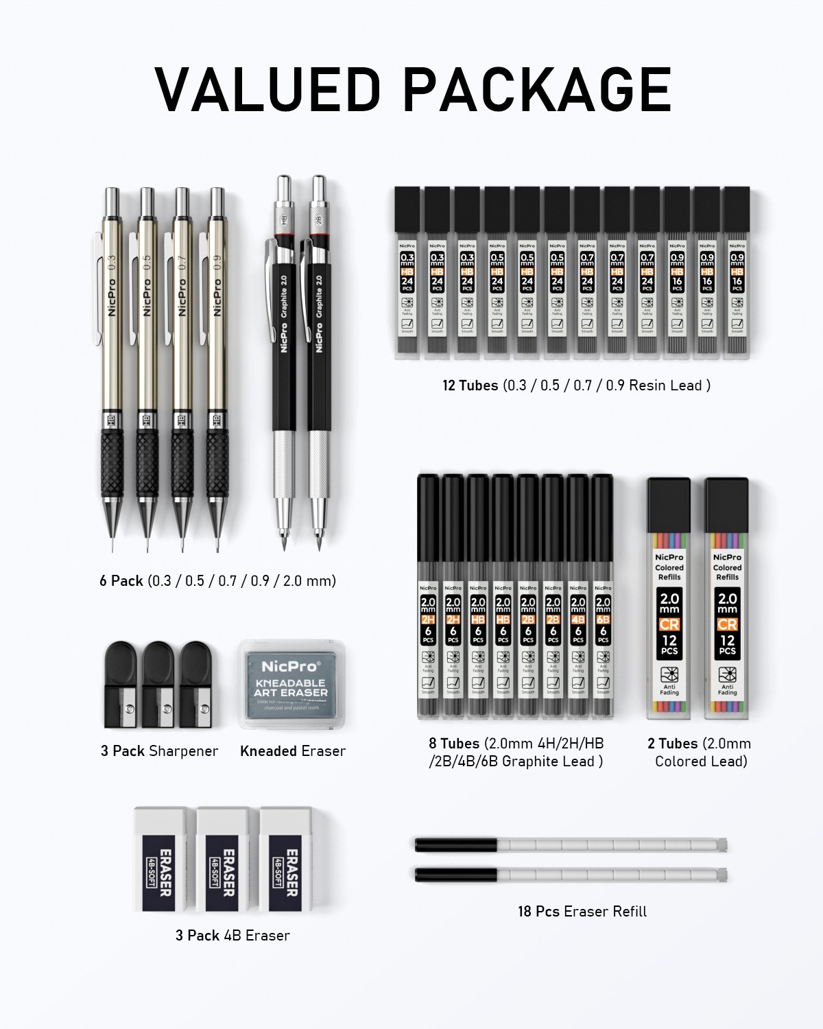 Nicpro 37PCS Art Mechanical Pencil Set, 4 Sizes & 2 Lead Holders, 23 Tube Refill