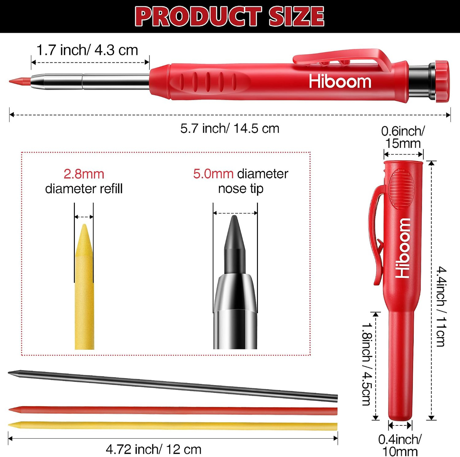 Mechanical Carpenter Pencils Set, Long Tip, Black and Red, Includes Refills and