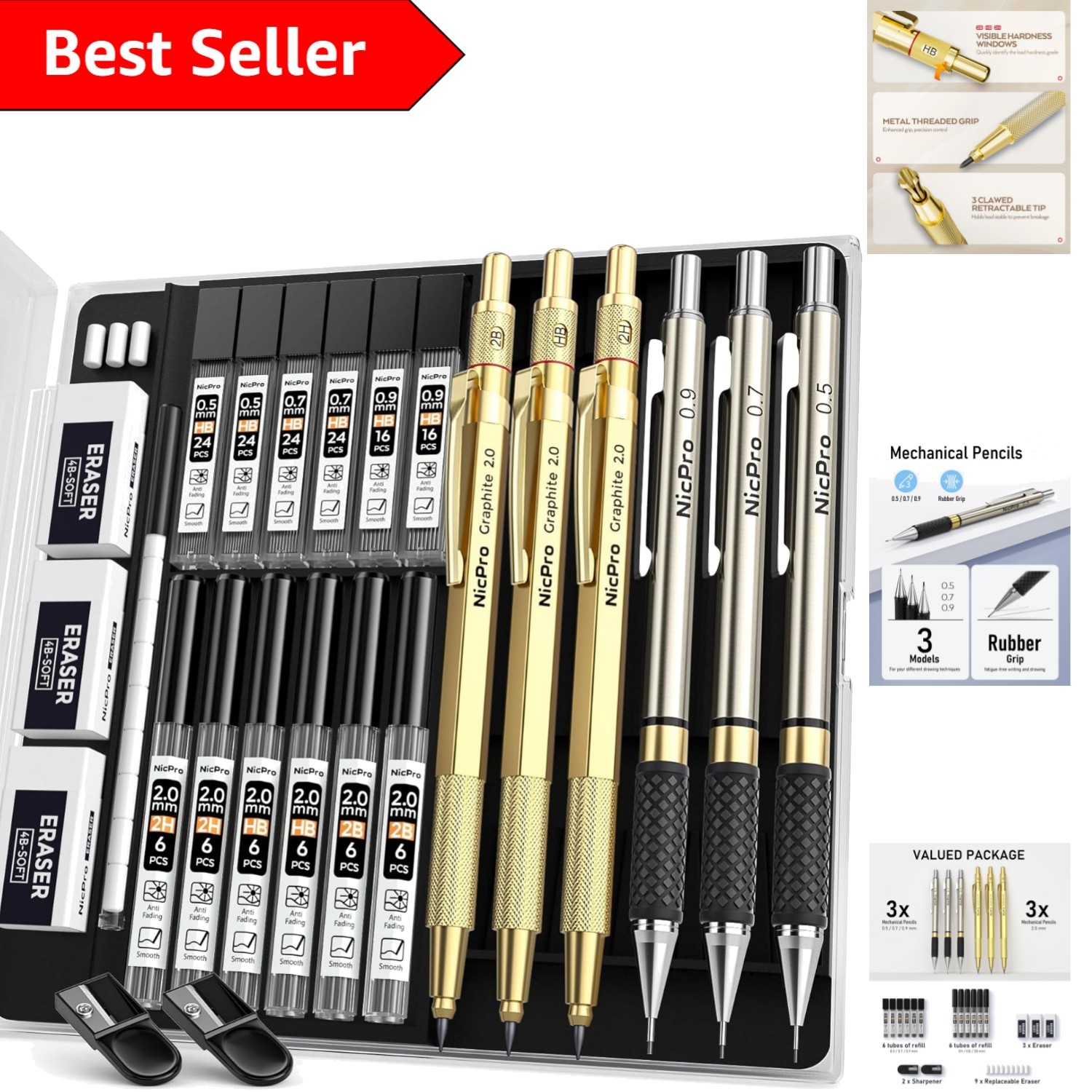 Professional Gold Art Pencil Set with 3 Hardness Levels – Ideal for All Ages