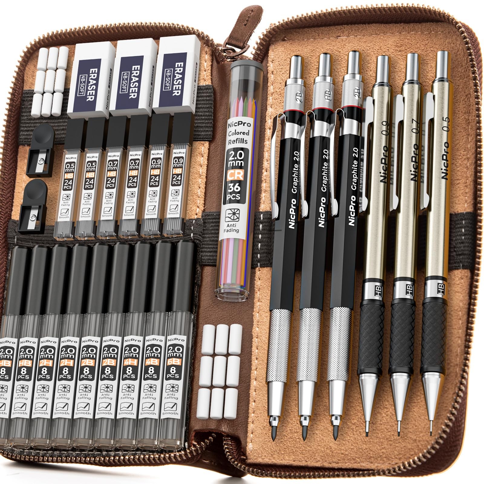 Nicpro 30PCS Art Mechanical Pencil Set in Leather Case, Metal Black, Black