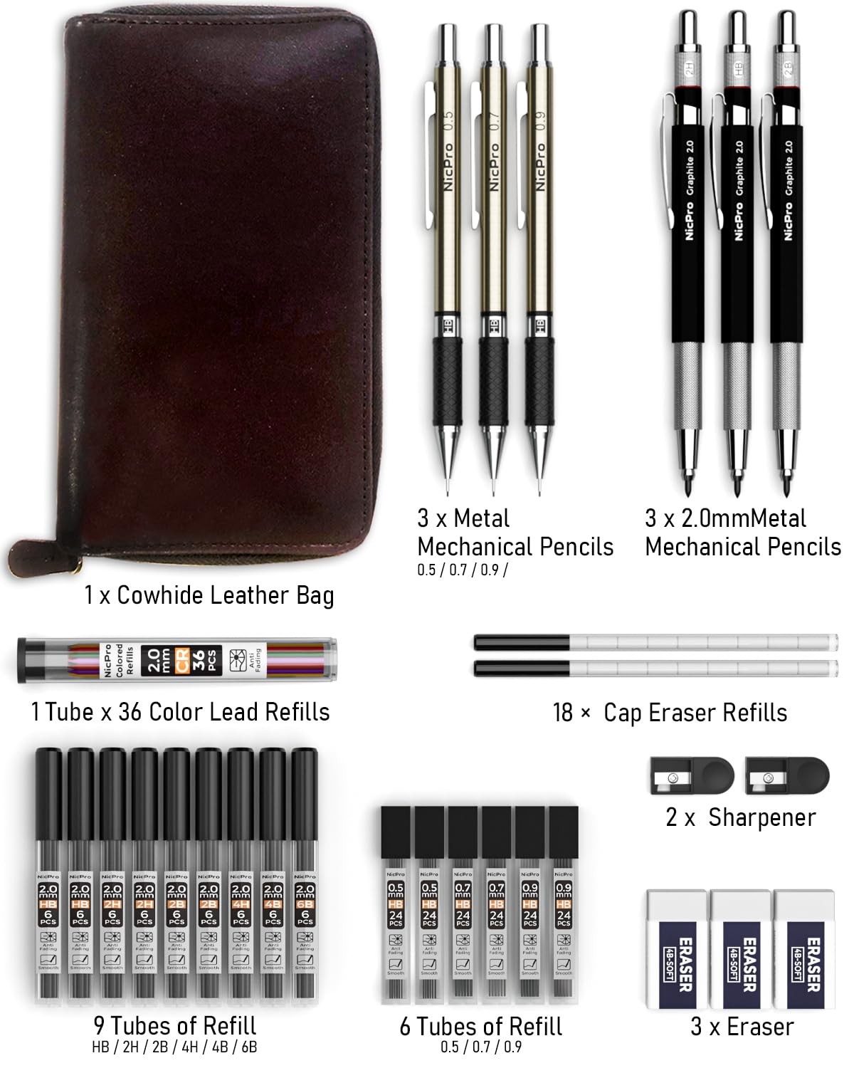 Nicpro 30PCS Art Mechanical Pencil Set in Leather Case, Metal Black, Black
