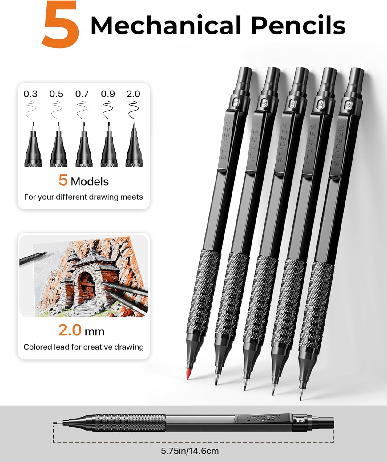 STAGEEK Metal Mechanical Pencil Set in Leather Case, 5PCS Art Drafting Pencil 0.